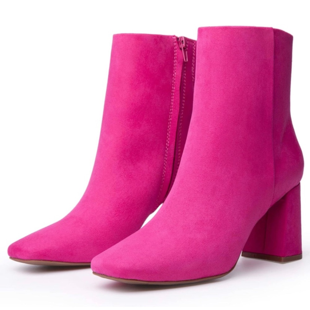 Hot Pink Women’s Fashion Ankle Boots Square Toe Suede Chunky Block Heel Bootie